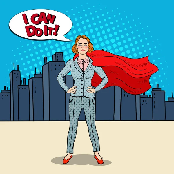 Popart vertrouwen Business vrouw Super held in pak met rode Cape. Vectorillustratie — Stockvector