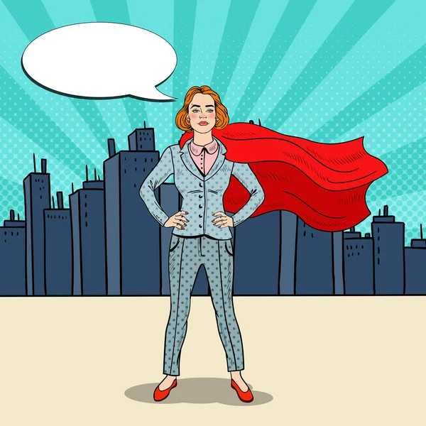 Pop Art Confident Business Woman Super Hero in Suit with Red Cape. Vector illustration — Stock Vector