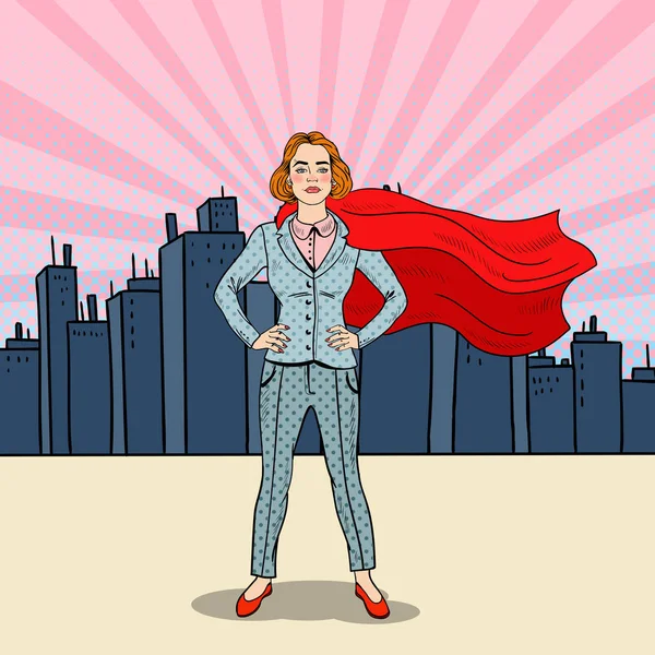 Поп-арт впевнено бізнес жінка супер герой у костюмі з червоного мису. Векторні ілюстрації — стоковий вектор
