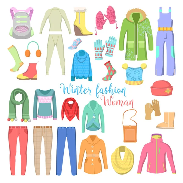 Woman Winter Clothes and Accessories Collection with Shoes, Coats and Sweaters. Vector illustration Royalty Free Stock Illustrations