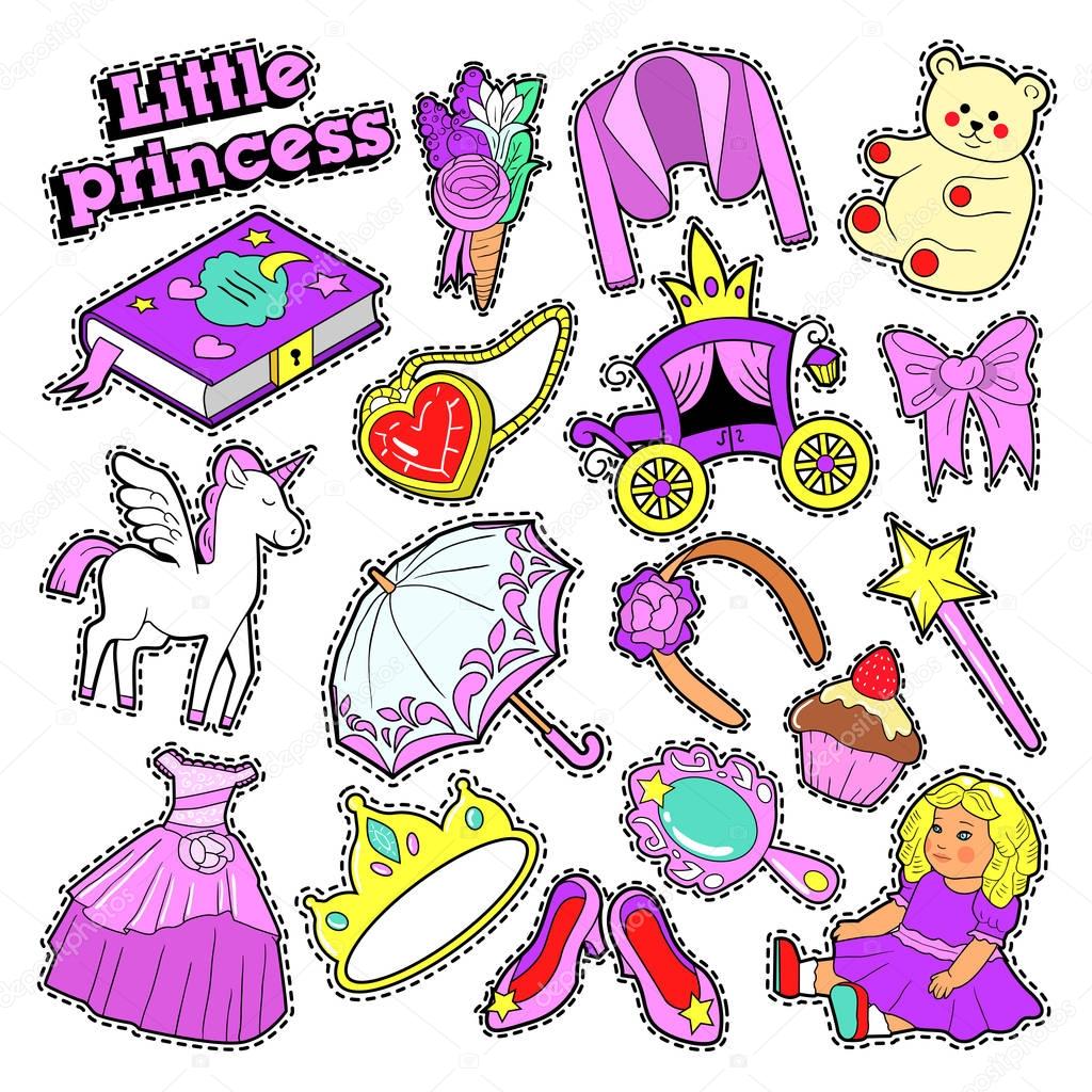 Little Girl Princess Badges, Patches, Stickers with Toys, Unicorn and Clothes. Vector doodle