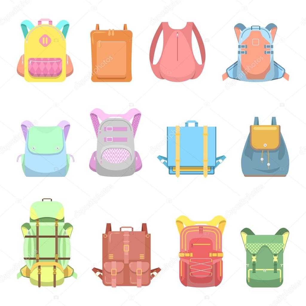Backpack, Suitcase and Bag Set for School, Travel and Casual Lifestyle. Vector illustration