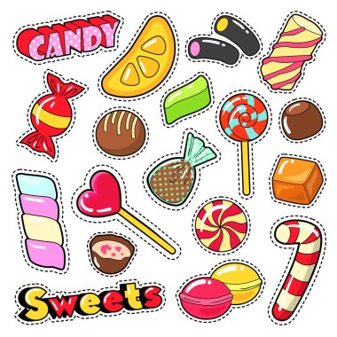Tatlılar gıda etiketleri, yamalar, rozetleri lolipop, çikolata şeker ve jöle şekerler. Vektör Doodle