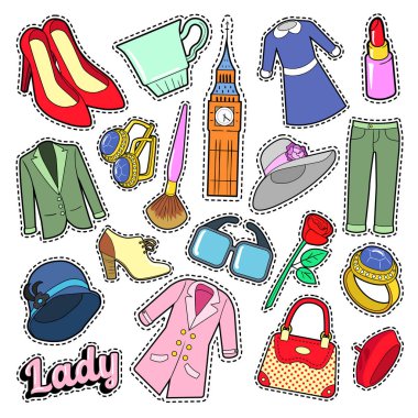 Türkçe kadın kadın moda rozetleri, yamalar, giysi ve takılar ile sopa. Vektör Doodle