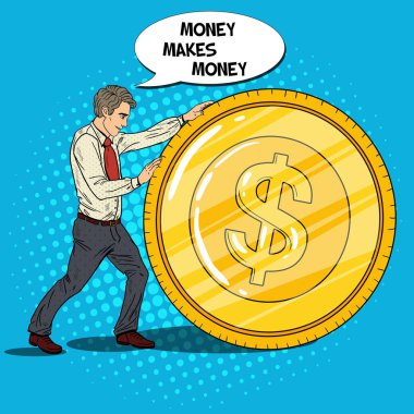 Pop Art işadamı rulo altın dolar para. İş başarı. Vektör çizim