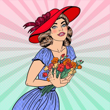 Çiçek buketi aşık sanat genç kadın pop. Vektör çizim