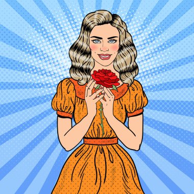 Kırmızı gül aşık sanat genç güzel kadın pop. Vektör çizim