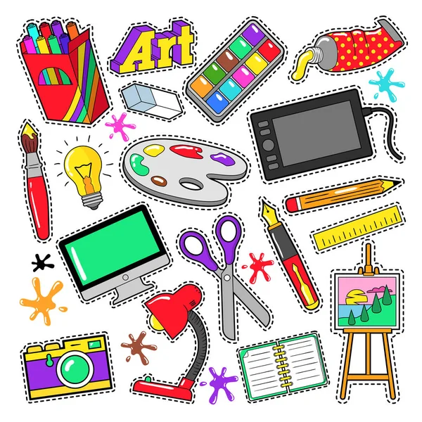 Placas de creatividad artística, pegatinas, parches con pinturas y herramientas de diseño. Vector Doodle — Archivo Imágenes Vectoriales