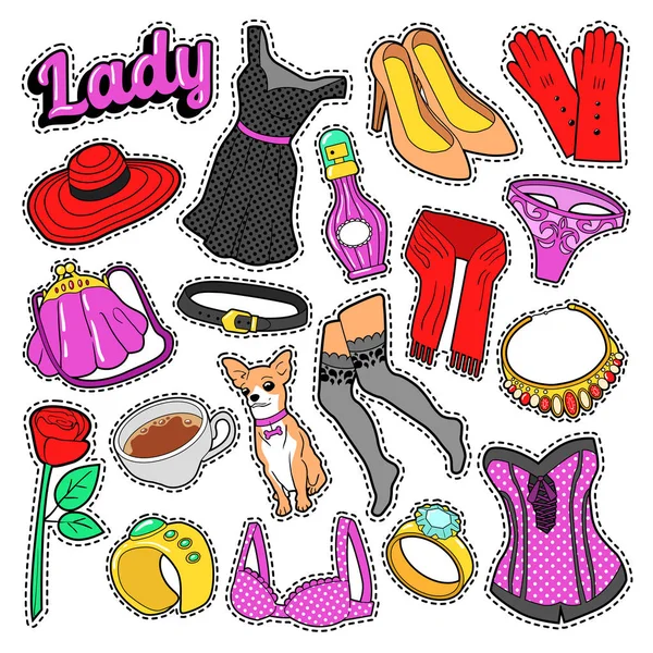 Insignias de moda para mujer, parches, pegatinas con ropa y lencería. Vector Doodle — Archivo Imágenes Vectoriales