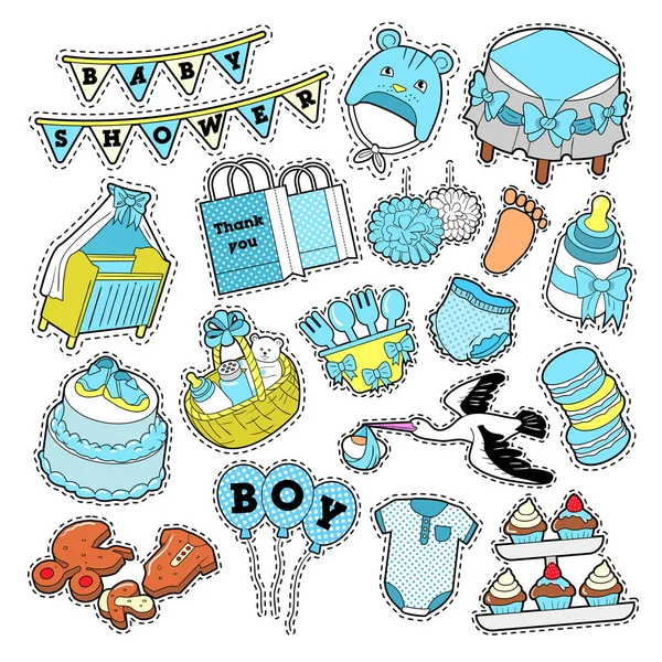 Baby Shower Boy Adesivi, Badge, patch per la decorazione della festa di compleanno. Vettore Doodle — Vettoriale Stock