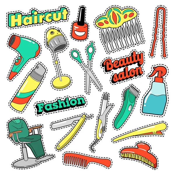 Patches de salão de beleza de cabelo, emblemas, adesivos com tesoura e pente. Vector Doodle —  Vetores de Stock