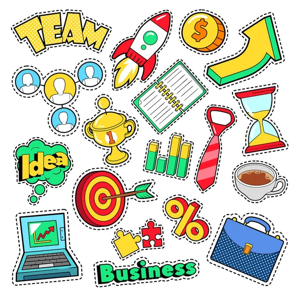 Ideia de negócio Banda desenhada Adesivos, Patches, Emblemas com Laptop e Elementos Financeiros. Vector Doodle — Vetor de Stock