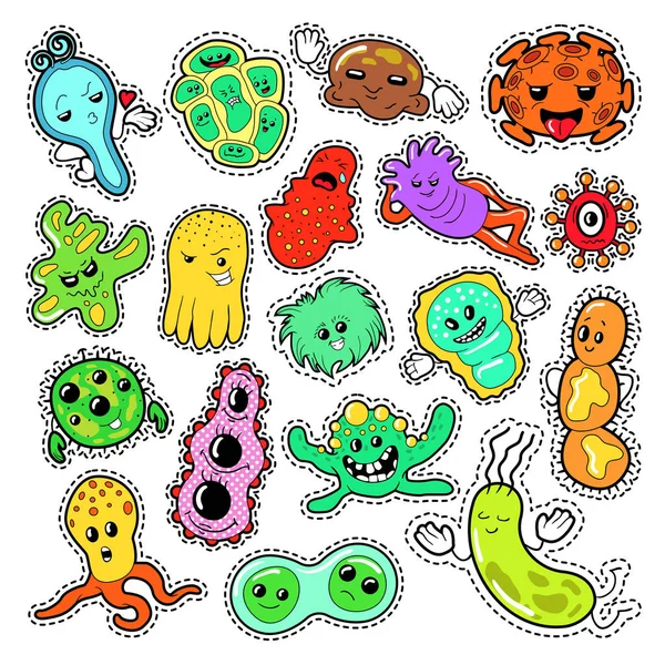 Personajes divertidos Bacterias y microbios Set para pegatinas, insignias, parches. Garabato vectorial — Archivo Imágenes Vectoriales