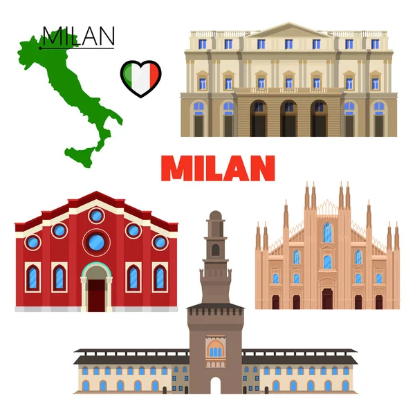 Милан Италия Путешествие с архитектурой, картой и фасадом. Векторная иллюстрация — стоковый вектор