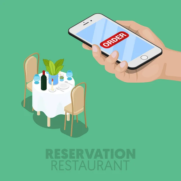 Izometrické Online rezervace v restauraci u stolu. 3D plochý vektorové ilustrace — Stockový vektor
