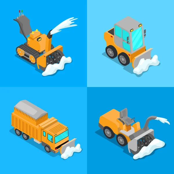 Isomric Snow Removal Transportation Set con camion spazzaneve e trattore. Illustrazione piatta vettoriale 3d — Vettoriale Stock