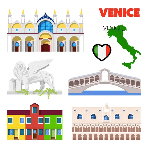 Venedig Italien resor Doodle med arkitektur, Lion och flagga. Vektorillustration — Stock vektor