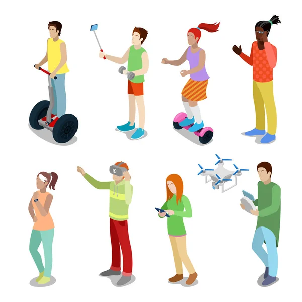 Gente isométrica con dispositivos modernos Segway, Drone, Gyroscooter y gafas de realidad virtual. Vector 3d ilustración plana — Vector de stock