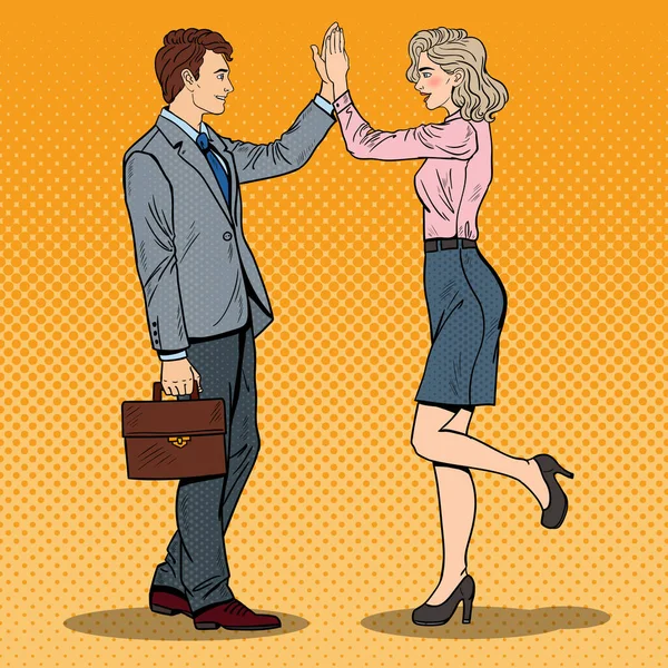 Pop Art Businessman Giving High Five to Business Woman. Vector illustration — Stock Vector