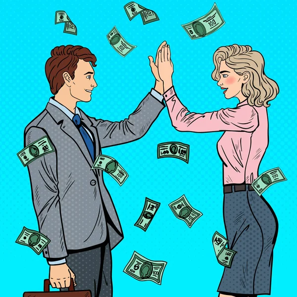 Pop-Art-Geschäftsmann gibt Geschäftsfrau High Five fallendes Geld. Vektorillustration — Stockvektor