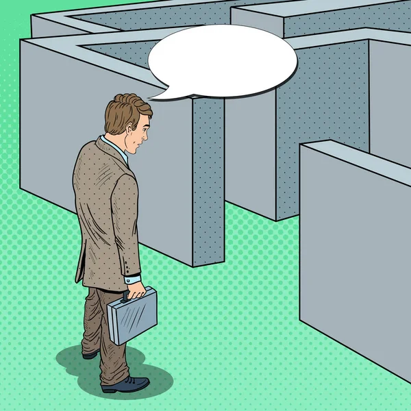 Pop Art Uomo d'affari dubbio con valigetta in piedi di fronte al labirinto. Illustrazione vettoriale — Vettoriale Stock