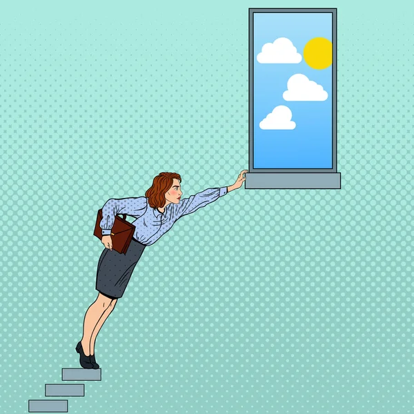 Pop Art Business Woman Hard Trying to Reach the Goal. Ilustración vectorial — Archivo Imágenes Vectoriales