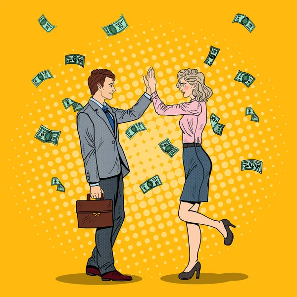 Empresário de Pop Art a dar $5 a uma mulher de negócios. A cair dinheiro. Ilustração vetorial — Vetor de Stock