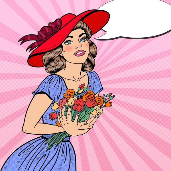 Pop Art νεαρή γυναίκα ερωτευμένη με το μπουκέτο με λουλούδια. Εικονογράφηση διάνυσμα — Διανυσματικό Αρχείο
