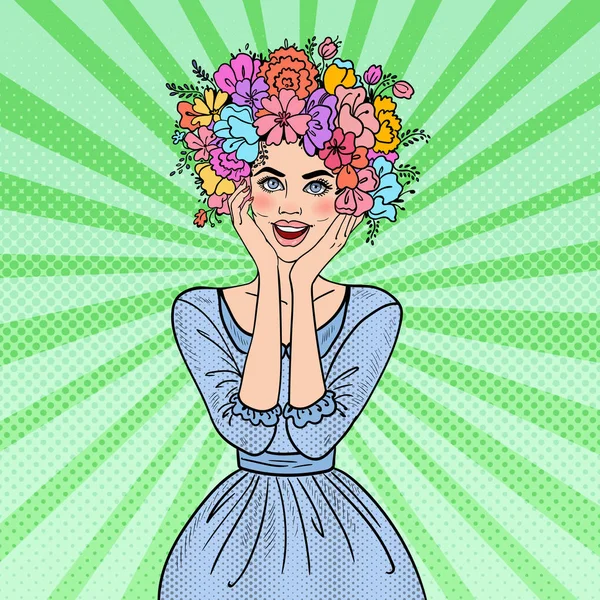 Pop-Art gyönyörű nő virágok frizura szerelmes. Vektoros illusztráció — Stock Vector