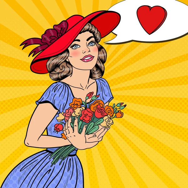 Pop Art Mujer joven enamorada del ramo de flores. Ilustración vectorial — Vector de stock