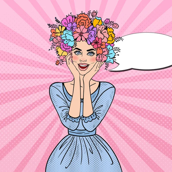 Pop Art vacker kvinna i kärlek med blommor frisyr. Vektorillustration — Stock vektor