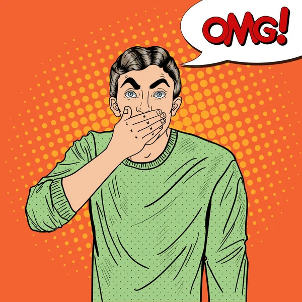 Pop Art Worried Man cierra su boca en shock. Ilustración vectorial — Archivo Imágenes Vectoriales