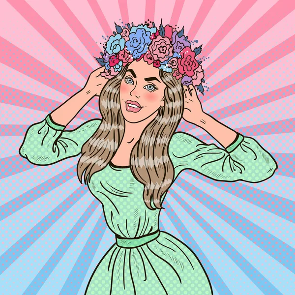 Pop Art Mulher bonita no amor com coroa de flores. Ilustração vetorial —  Vetores de Stock