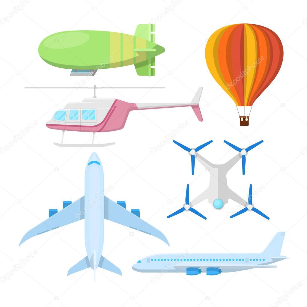 Air Transportation Set with Plane, Helicopter and Drone. Vector illustration