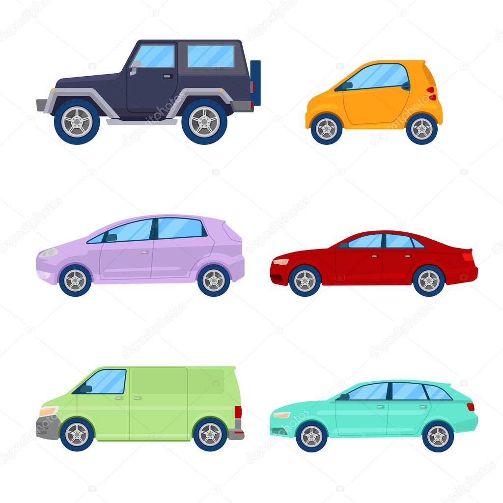 City Cars Icons Set with Sedan, Van and Offroad Vehicle. Vector illustration