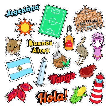 Arjantin seyahat öğeler mimarisi ve futbol. Vektör Doodle