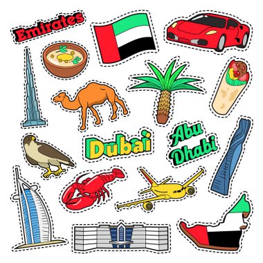 Emirlikleri seyahat öğeler mimarisi ve palmiye ağacı. Vektör Doodle