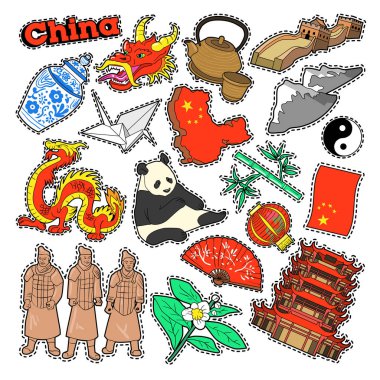 Çin seyahat öğeler mimarisi ve Panda. Vektör Doodle