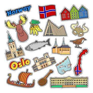 Norveç seyahat öğeler mimarisi ve Viking. Vektör Doodle