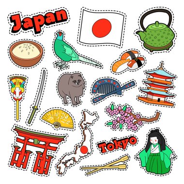 Japonya seyahat öğeler mimarisi ve suşi. Vektör Doodle