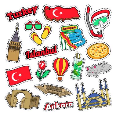 Türkiye Ulusal öğeler mimarisi ve bayrak. Vektör Doodle