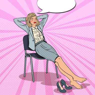 Pop Art yorgun iş kadını sandalyeye rahatlatıcı. Vektör çizim