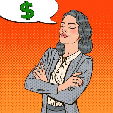 Pop Art başarılı iş kadını para hakkında rüya. Vektör çizim