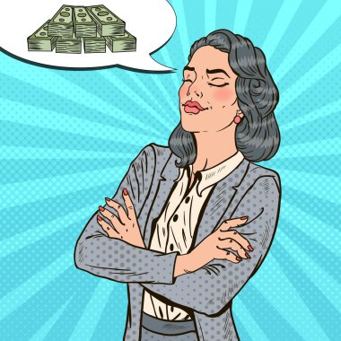 Pop Art başarılı iş kadını para hakkında rüya. Vektör çizim