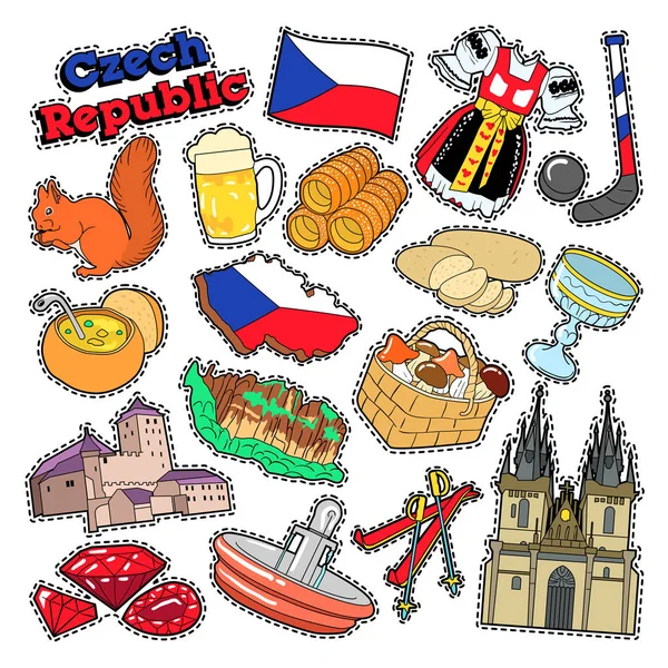 Repubblica Ceca Elementi di viaggio con architettura e cibo tradizionale. Vettore Doodle — Vettoriale Stock