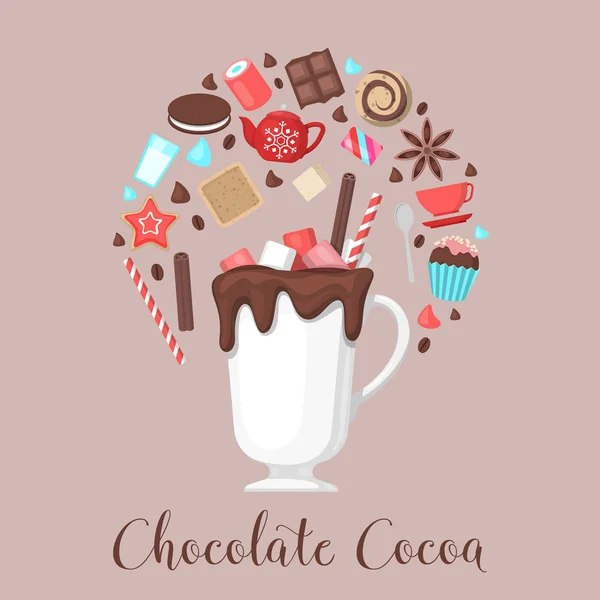 Schokoladen-Kakao-Getränkebecher mit Kaffeebohnen und süßen Speisen. Vektorillustration — Stockvektor