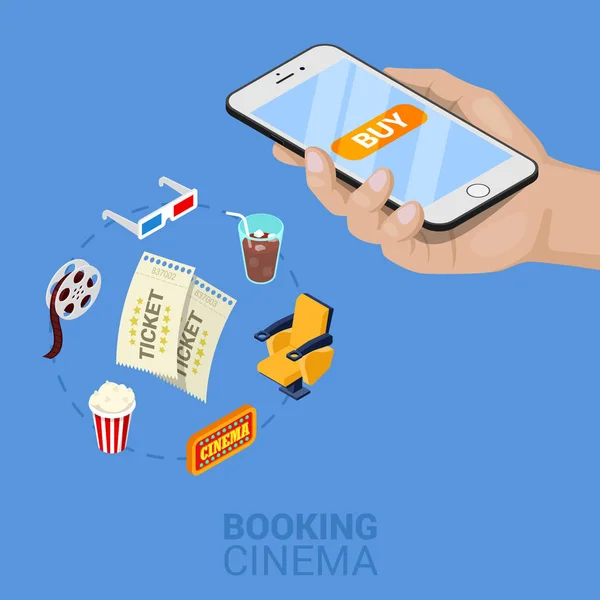 Isometric Online Comanda bilete de cinema cu telefon mobil. Vector 3d ilustrație plată — Vector de stoc