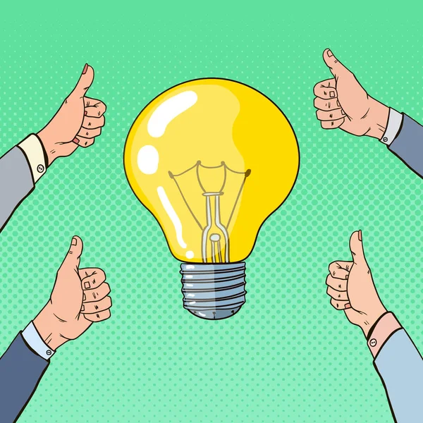 Pop Art Business Idea Concept with Light Bulb and Hands Showing Thumbs Up. Vector illustration — Stock Vector