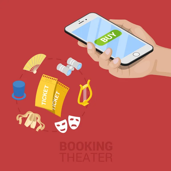 Bilhete Isométrico Online Theater Reserva com Celular. Vector 3d ilustração plana — Vetor de Stock