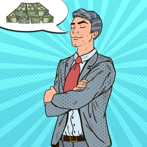 Pop Art Empresario exitoso soñando con dinero. Ilustración vectorial — Vector de stock